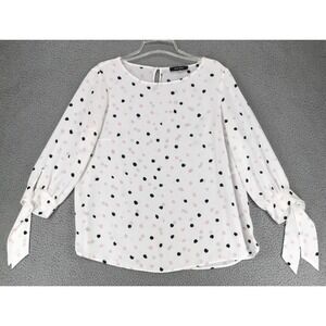 Nine West Blouse Size L 3/4 Tie Sleeve White w Dots